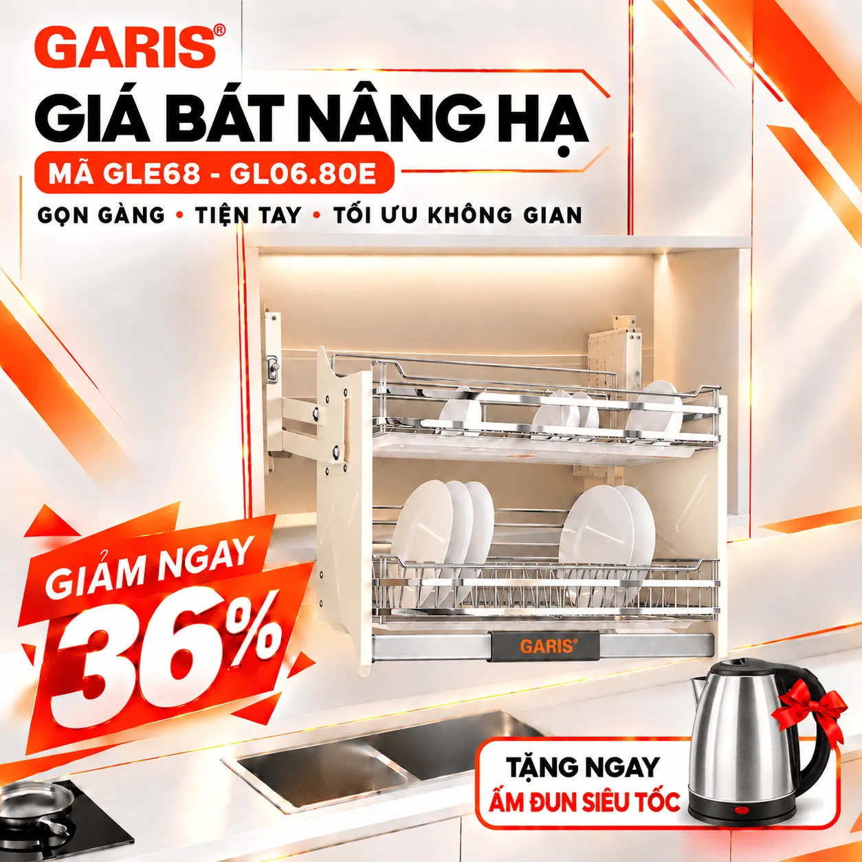 Giá bát đĩa nâng hạ màu trắng 900mm GL06.90E GLE69