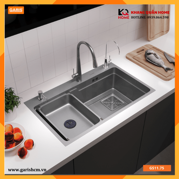 Chậu rửa bát 1 hố to 750mm tích hợp hợp hố phụ rời màu titan GS11.75